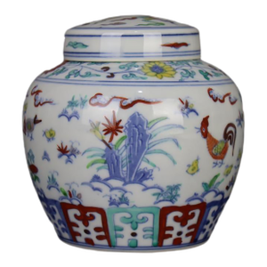 Early 20th Century Chinese Ceramic Tea Jar China Blue and White Doucai Porcelain Chenghua Tian Marked Jar Hand Painted Chickens Familly Pattern