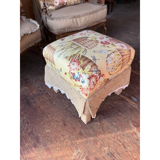 Late 20th Century Pair of Louis XV Floral Motif Upholstered Rush Seat Lounge ArmChairs With Ottoman For Sale - Image 4 of 16