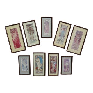 Set of 9 Alphonse Mucha Portrait Prints Framed Art Nouveau For Sale