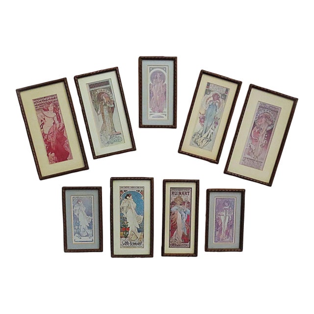 Set of 9 Alphonse Mucha Portrait Prints Framed Art Nouveau For Sale