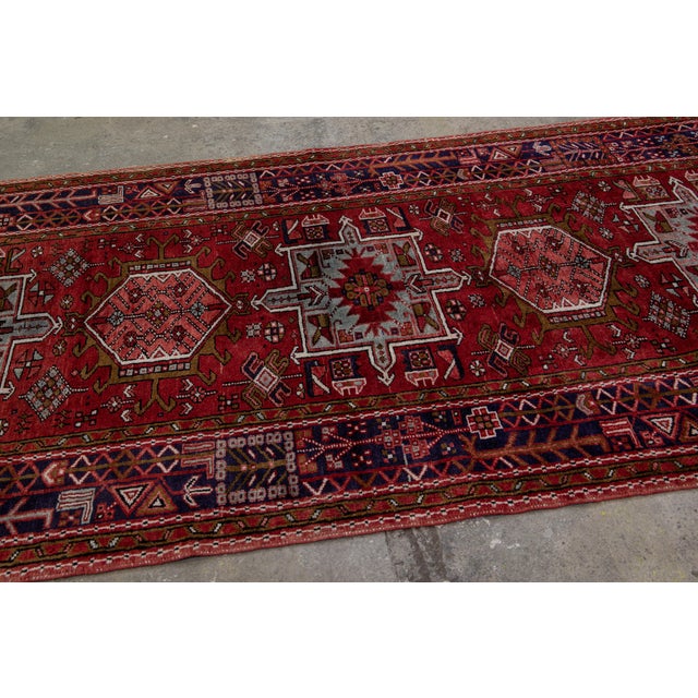 1960s Vintage Persian Heriz Handmade Red Medallion Wool Runner For Sale In New York - Image 6 of 16