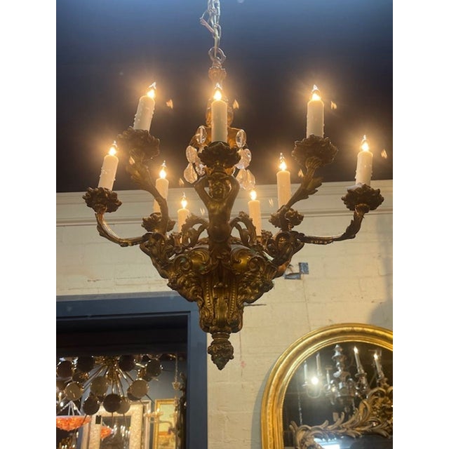 Metal 19th C. French Gilt Bronze and Crystal Cherub Chandelier For Sale - Image 7 of 7