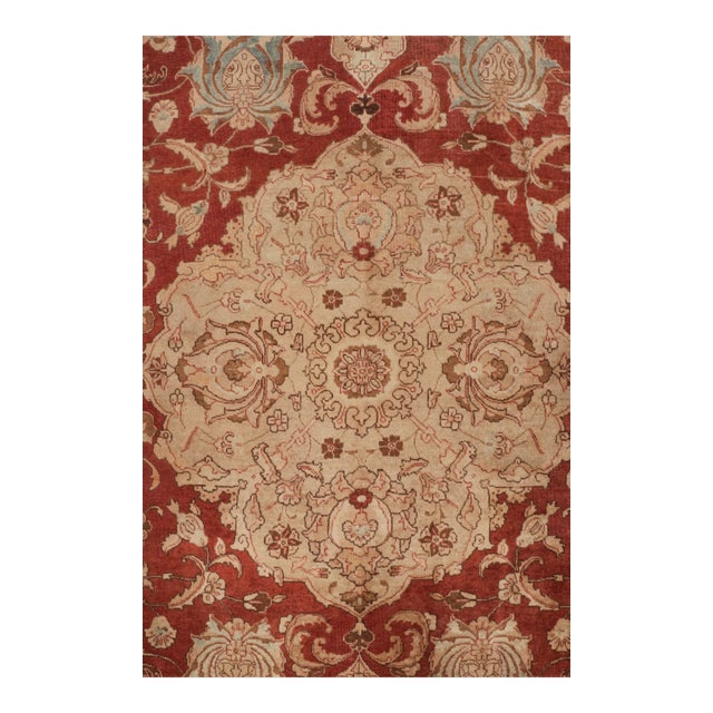 Persian Antique Tabriz Beige Red and Blue Wool Persian Floral Rug – Medallion Style For Sale - Image 3 of 9