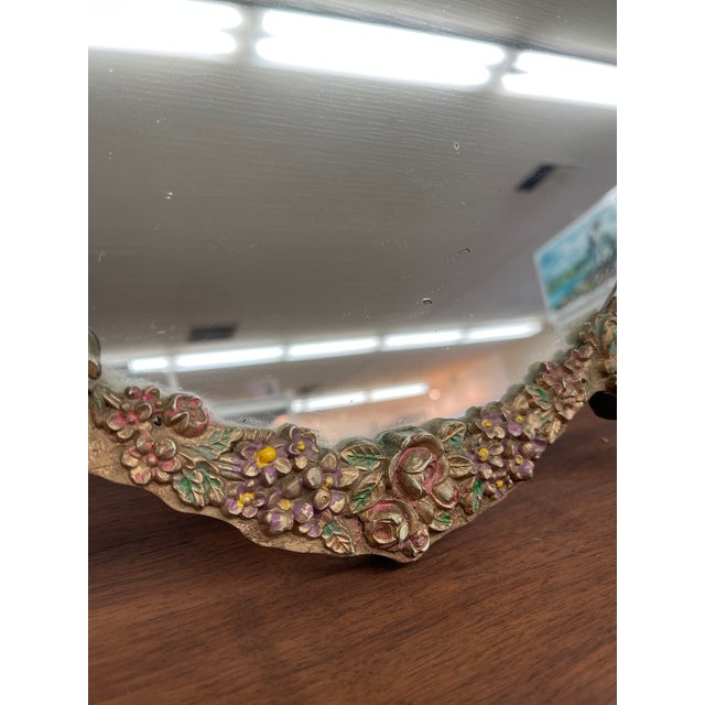 Vintage Oval Vanity Mirror With Hand-Painted Floral Frame and Easel Back For Sale - Image 4 of 11