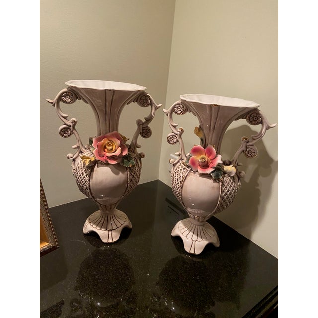 Cream Vintage Capodimonte Vases with Flowers - a Pair For Sale - Image 8 of 8