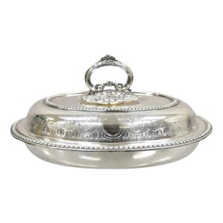 Antique English Victorian Scrollwork Engraved Covered Vegetable Serving Dish For Sale