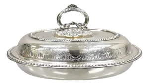 Antique English Victorian Scrollwork Engraved Covered Vegetable Serving Dish