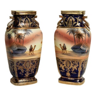 Antique Pair of Noritake Komaru Orientalist Vases For Sale