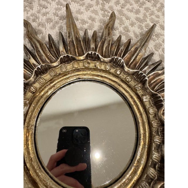 Spanish Revival Vintage Silver and Gilt Sunburst Mirrors – A Pair. Heavy Plaster Hollywood Regency / Spanish Revival For Sale - Image 3 of 6