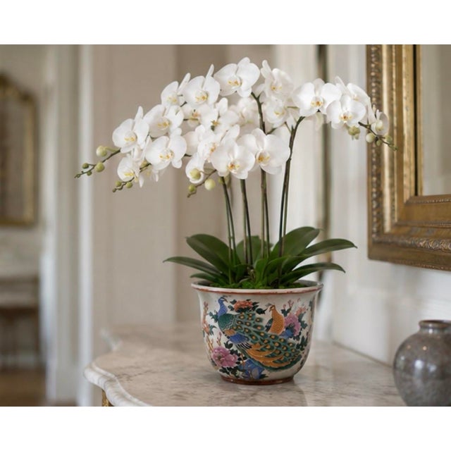 Vintage Chinoiserie Ceramic Peacock and Peony Fishbowl Jardinier Vase For Sale - Image 12 of 12