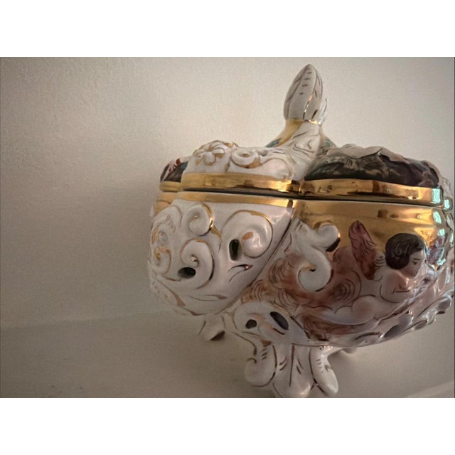Italian Capodimonte Vintage Bernini Footed Porcelain Bowl Gilded With Cherubs For Sale - Image 3 of 9