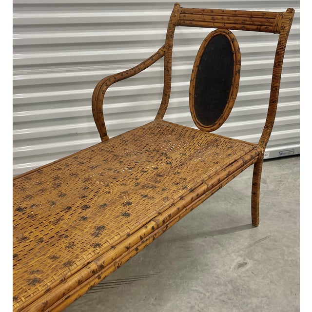 Mid-Century Bohemian Burnt Rattan Daybed Bench With Authentic Hand-Woven Cane Seat For Sale - Image 10 of 18