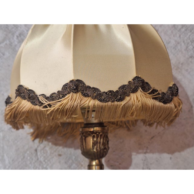Gold Vintage Hollywood Regency Fringe Boudoir Lamp With Satin Shade and Brass Base For Sale - Image 8 of 8