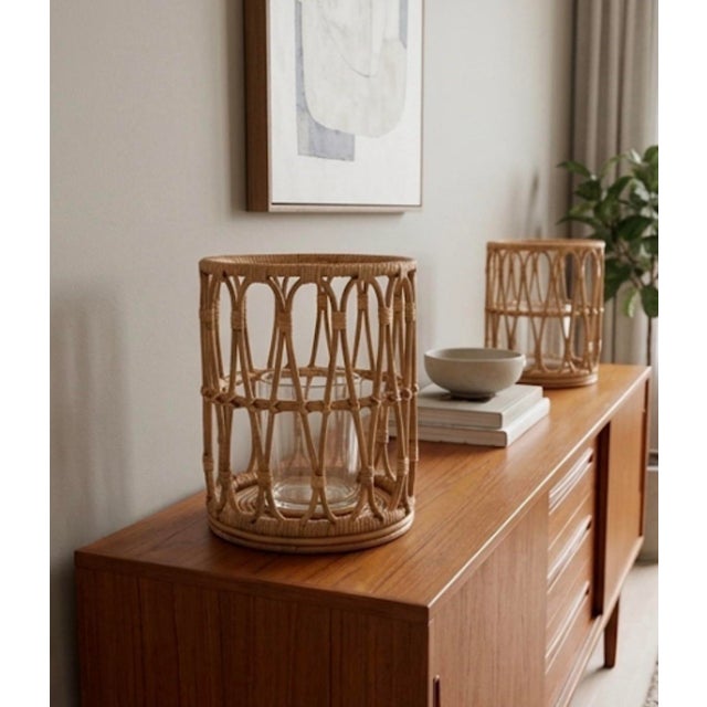 Pair of Vintage Mid-Century Boho Woven Rattan & Glass Hurricane Candle Holders For Sale - Image 11 of 12