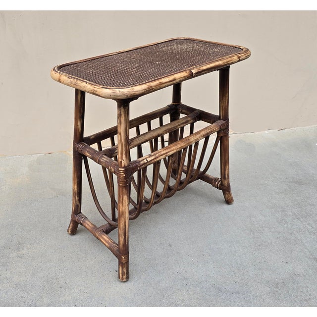 Vintage Rustic Coastal Bamboo Rattan Brown Magazine Rack Side Table For Sale - Image 4 of 14