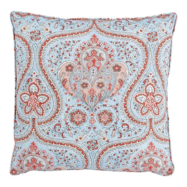 Schumacher Paisley Court 20" Pillow in Sky & Rose For Sale