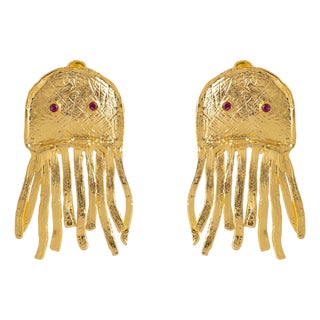 Mystic Ruby-Eyed Jellyfish Gold Earrings, A Pair For Sale