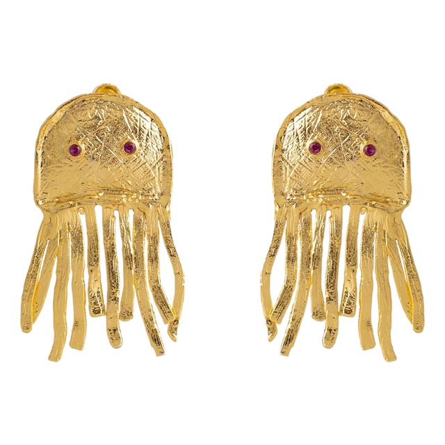 Mystic Ruby-Eyed Jellyfish Gold Earrings, A Pair For Sale