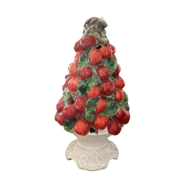 A charming, vintage Italian topiary centerpiece. Features a grouping of cherries, leaves and branches in a footed white...