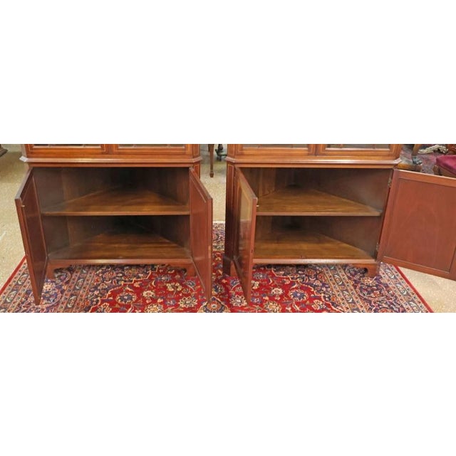 Brown 1960s Pair of English Regency Style Mahogany Inlaid Corner Cabinets For Sale - Image 8 of 18