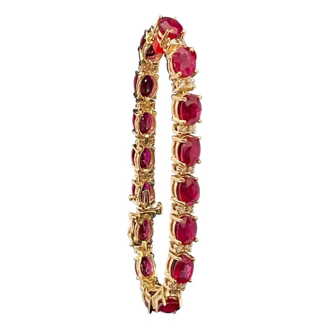 24 Carat Ruby & 1 Carat Diamond Affordable Tennis Bracelet 14 Karat Yellow Gold For Sale