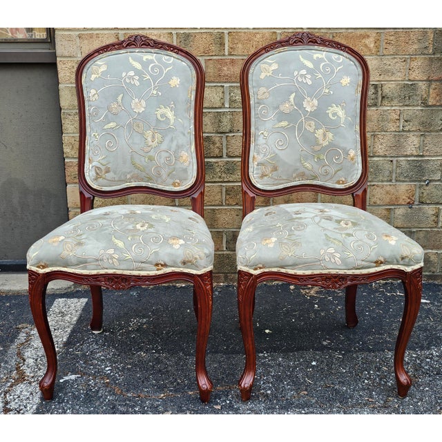 Set of 4 Provincial Fruitwood and Embroidered Ultrasuede Upholstery Side Chairs For Sale In Washington DC - Image 6 of 10