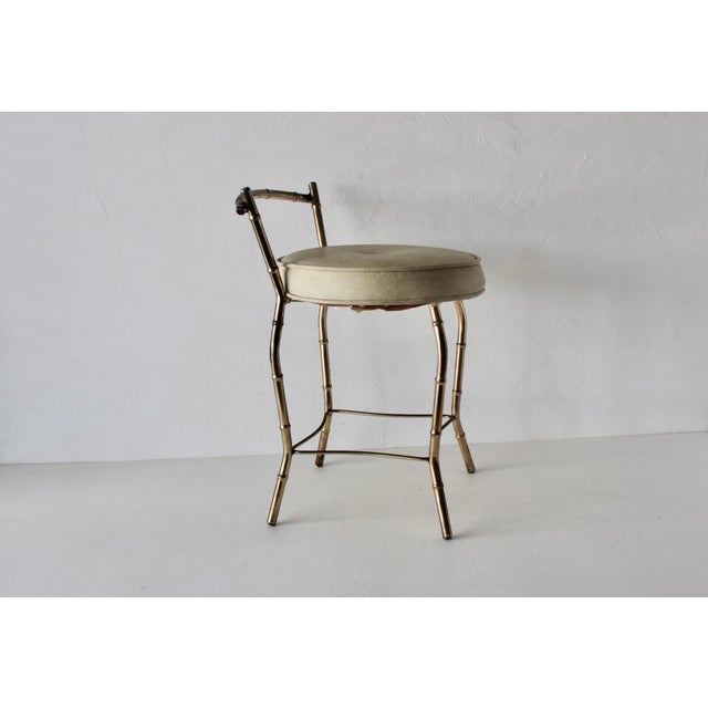 Vintage 1970s George Koch Gold Finish Faux Bamboo Vinyl Padded Swivel Vanity Stool Hollywood Regency For Sale - Image 15 of 16