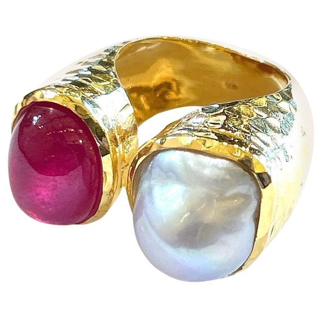 Bochic "Orient" Ruby & South Sea Pearl 2 Gem Ring Set 18K & Silver, Size 7 For Sale - Image 15 of 18