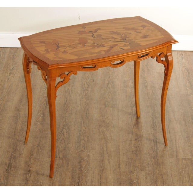 High Quality Antique Various Fruitwood Floral Inlaid Marquetry Top Side Table or Writing Desk, Pierced and Carved Apron...