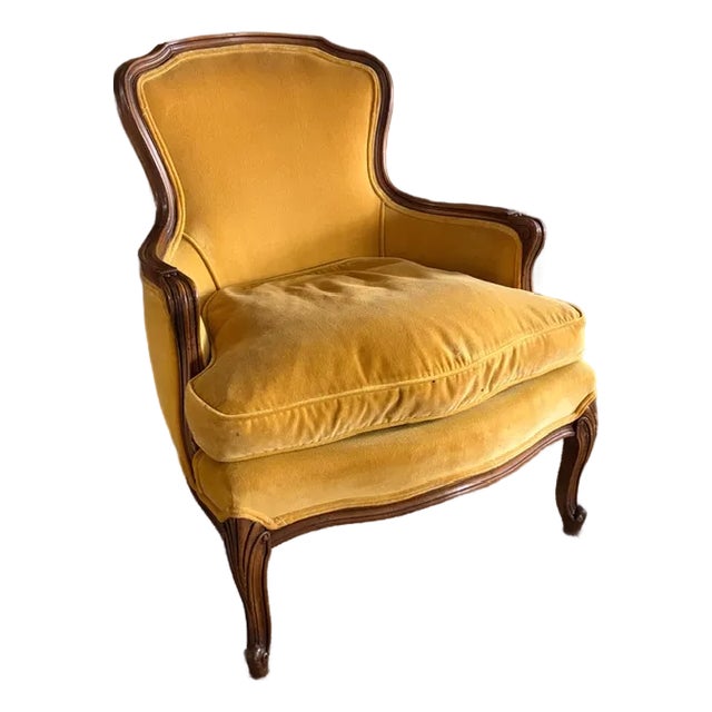 French Louis XV Bergere Chair Is Yellow Velvet and Down Seat, Signed For Sale