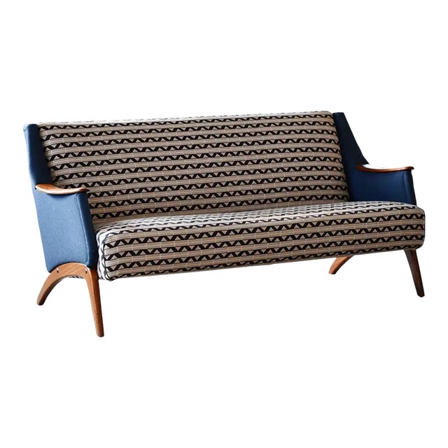 Danish Midcentury Sofa Two-Tone Wool With Teak Legs and Wood Accents 1950s For Sale