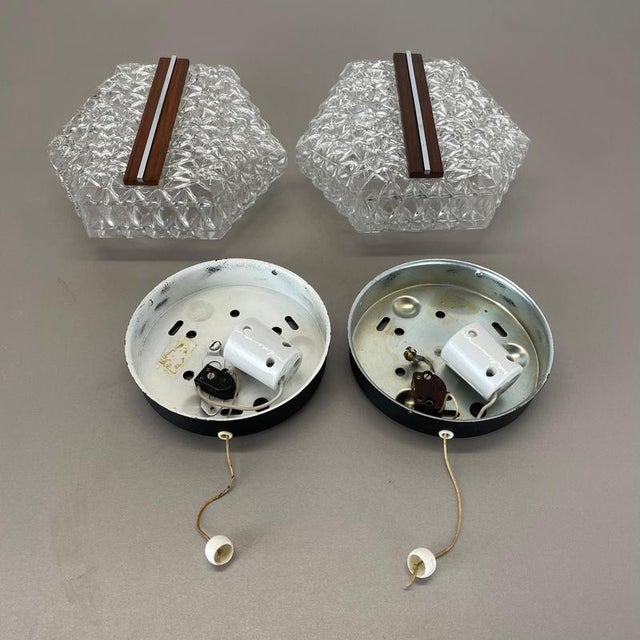 Textured Glass and Teak Wall Lights, Germany, 1970s, Set of 2 For Sale - Image 10 of 18