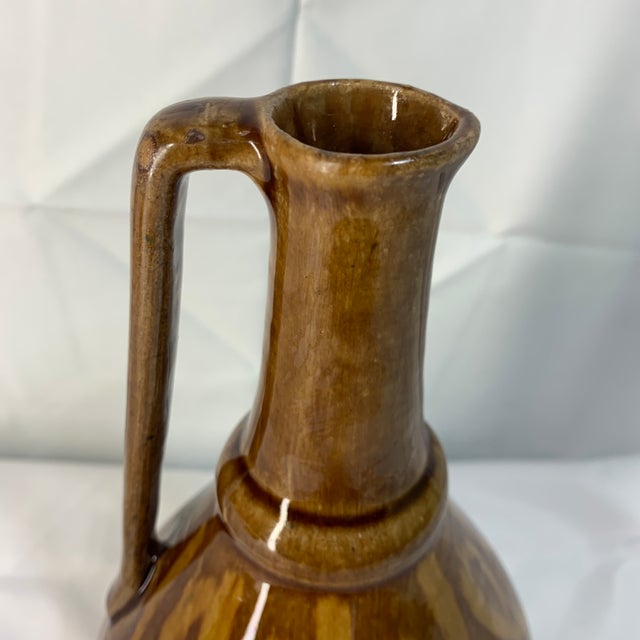 Boho Chic Vintage Pottery Pitcher Vase With Shiny Brown Glaze Made in Poland For Sale - Image 3 of 7