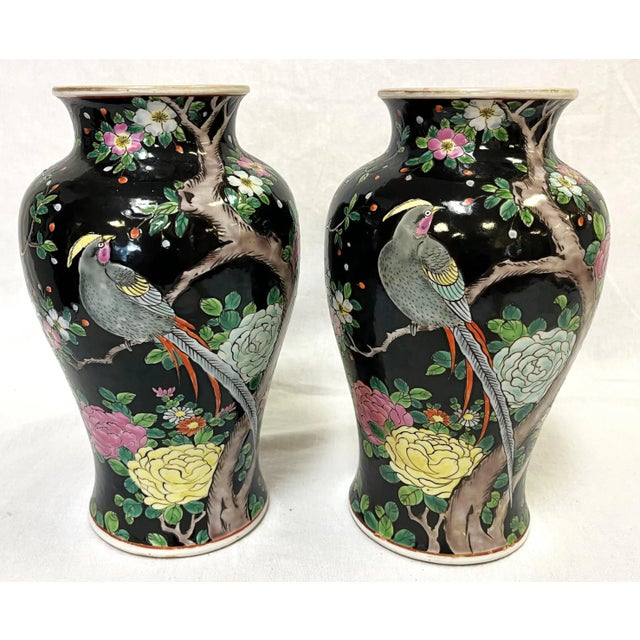 Mid Century Chinoiserie Birds With Peonies Hand Painted Porcelain Vases- a Pair For Sale - Image 4 of 12