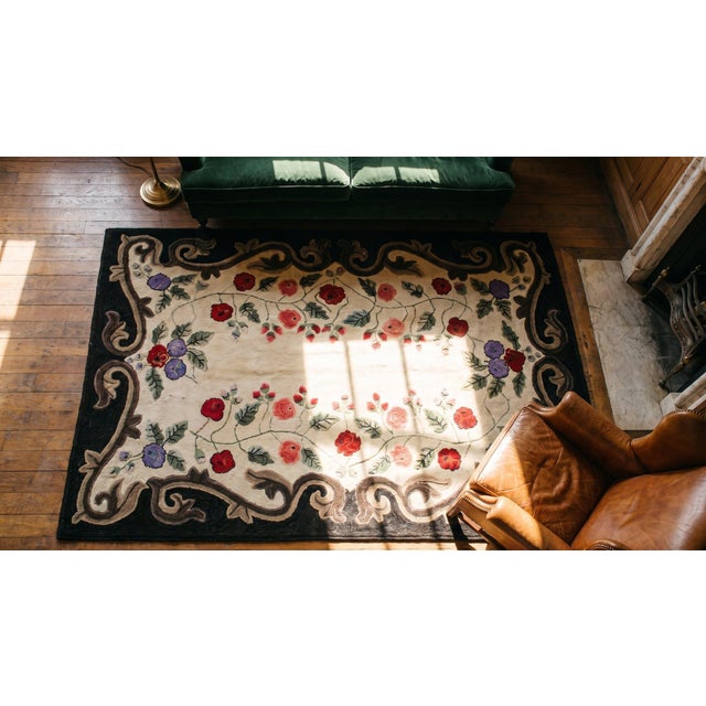 Ivory 1900s Ivory Floral Folk Art Antique American Hooked Rug 6'4" X 9'10" Handknotted Wool Carpet For Sale - Image 8 of 9