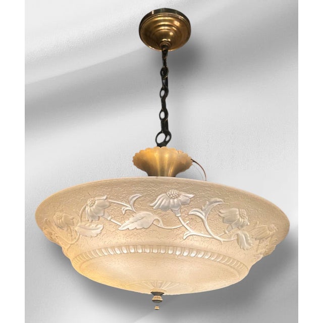 Art Nouveau 1930s Art Nouveaou Chandeliers With Cream Floral Shades - Set of Two For Sale - Image 3 of 15