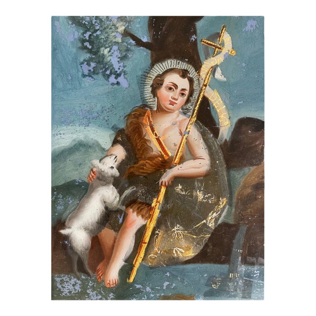 Antique European Reverse Painting on Glass Child Lamb St John the Baptist Catholic Religious Folk Art Devotional Gift Nursery Decor For Sale