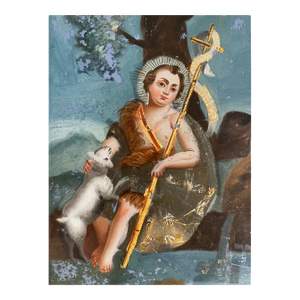 Antique European Reverse Painting on Glass Child Lamb St John the Baptist Catholic Religious Folk Art Devotional Gift Nursery Decor