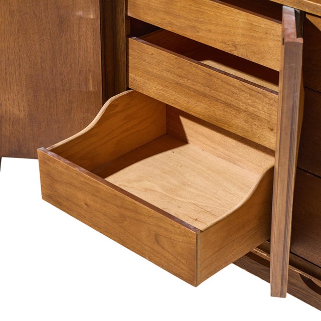 Wood Broyhill Brasilia Mid Century Walnut and Brass Lowboy 9 Drawer Dresser For Sale - Image 7 of 10