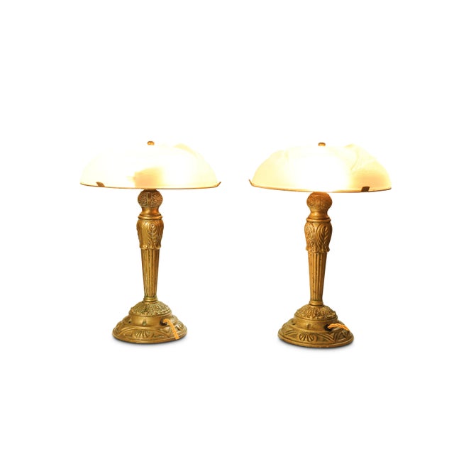 French Art Deco Frosted Glass and Brass Table Lamps, 1970s, Set of 2 For Sale - Image 13 of 14