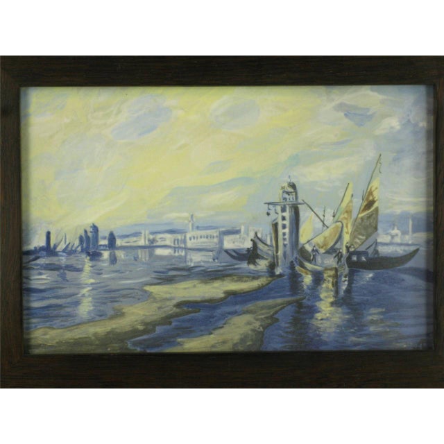 Wood 1990s Harbor Scenic Hand-Painted Tile Plaque Oak Framed Arts Crafts Richard Freiwald For Sale - Image 7 of 12