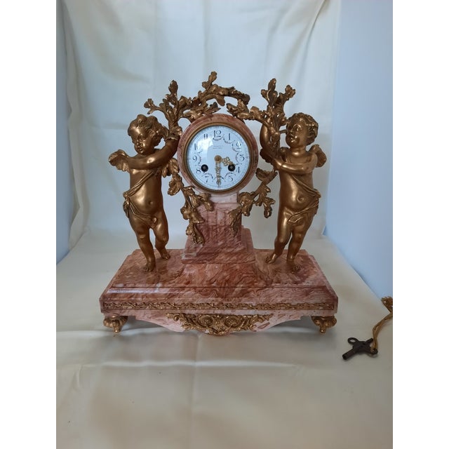 French 19th Century French Louis XV Style Gilt Bronze & Pink Marble Cherub Mantel Clock by Tiffany & Co For Sale - Image 3 of 12