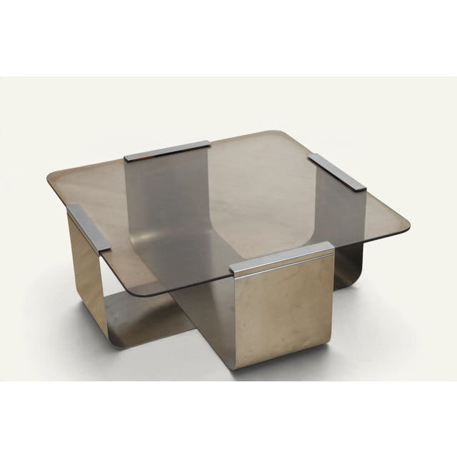 Coffee Table in Brushed Steel and Smoked Glass, 1970s For Sale - Image 12 of 14