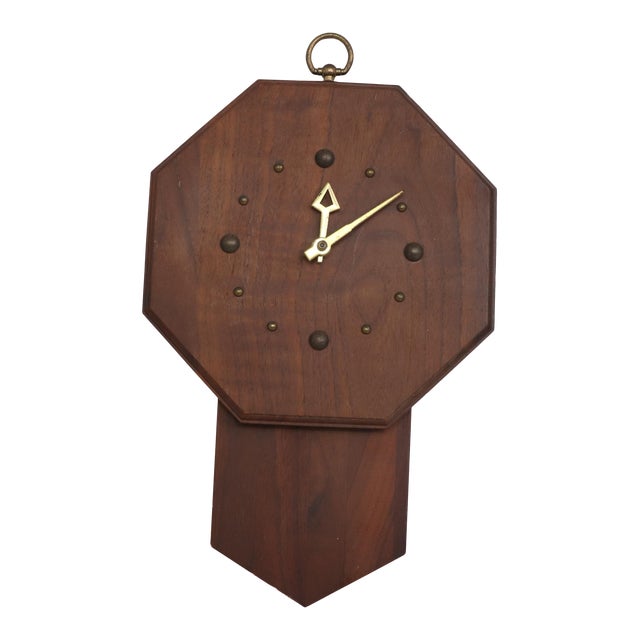 Vintage Mid Century Modern Wooden Brass Hanging Wall Clock Chairish