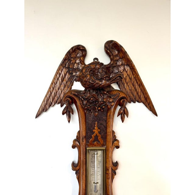 Antique Victorian Carved Oak Barometer, 1860s For Sale - Image 4 of 10