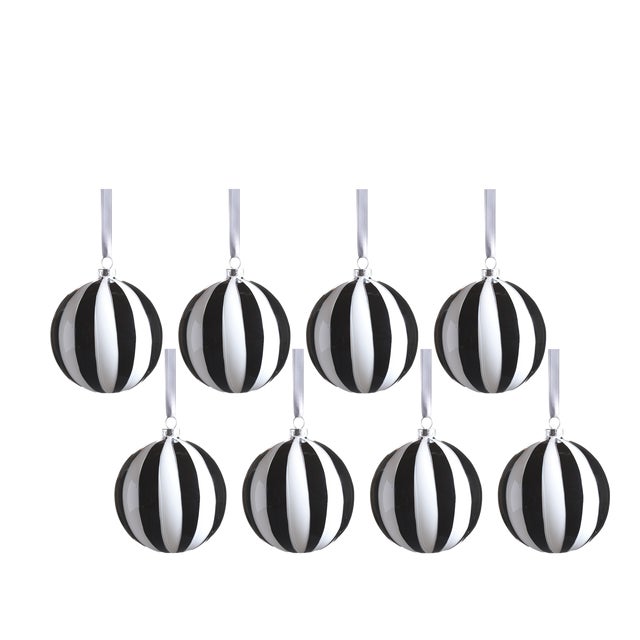 Monochrome Stripe 8-Piece Glass Ball / Bauble Ornament Set, 4" For Sale