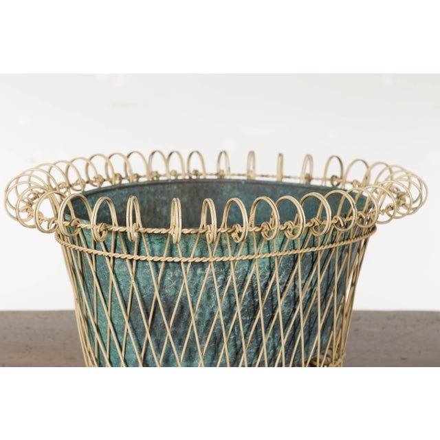 Rustic French Midcentury Oval Metal Cachepot with Scrolling Effects For Sale - Image 4 of 12
