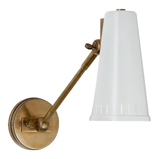Thomas O'Brien for Visual Comfort Signature Antonio Adjustable One Arm Wall Lamp in Hand-Rubbed Antique Brass with Antique White Shade For Sale