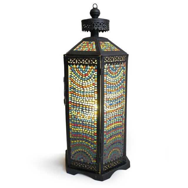 Stunning vintage hand crafted rainbow mosaic glass and iron table or floor lantern. Door open to reveal raised lightbulb...