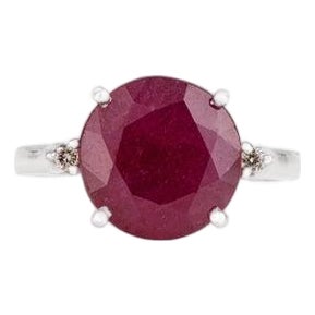 Ruby Solitaire Ring With Diamond in 925 Sterling Silver - Size 6.5 For Sale